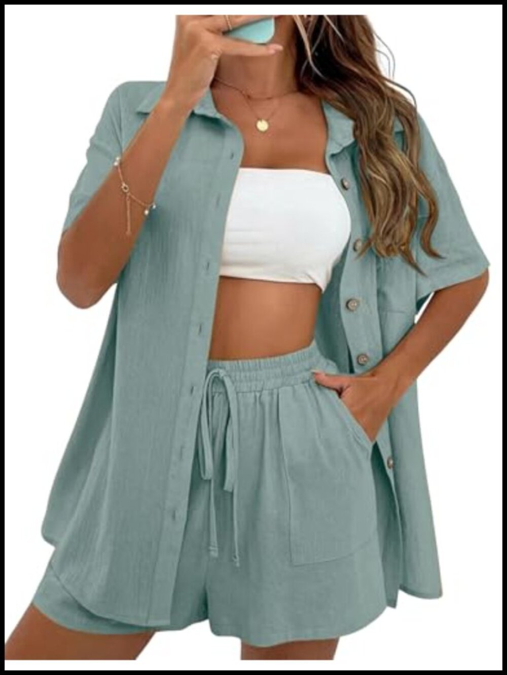 Linen Short Set 2 Piece Button-Up Top High-Waisted Shorts Summer Lounge Set
